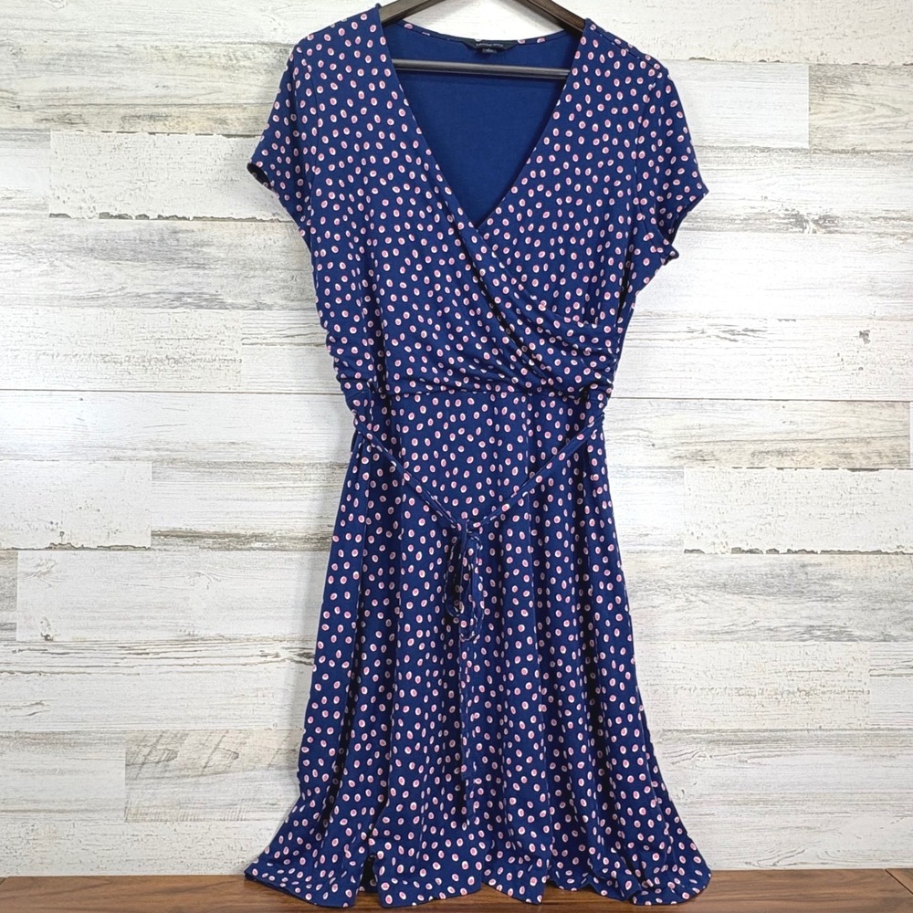 Lands' End Blue Pink Polka Dot Print Short Sleeve Stretchy Faux Wrap Dress Sz L